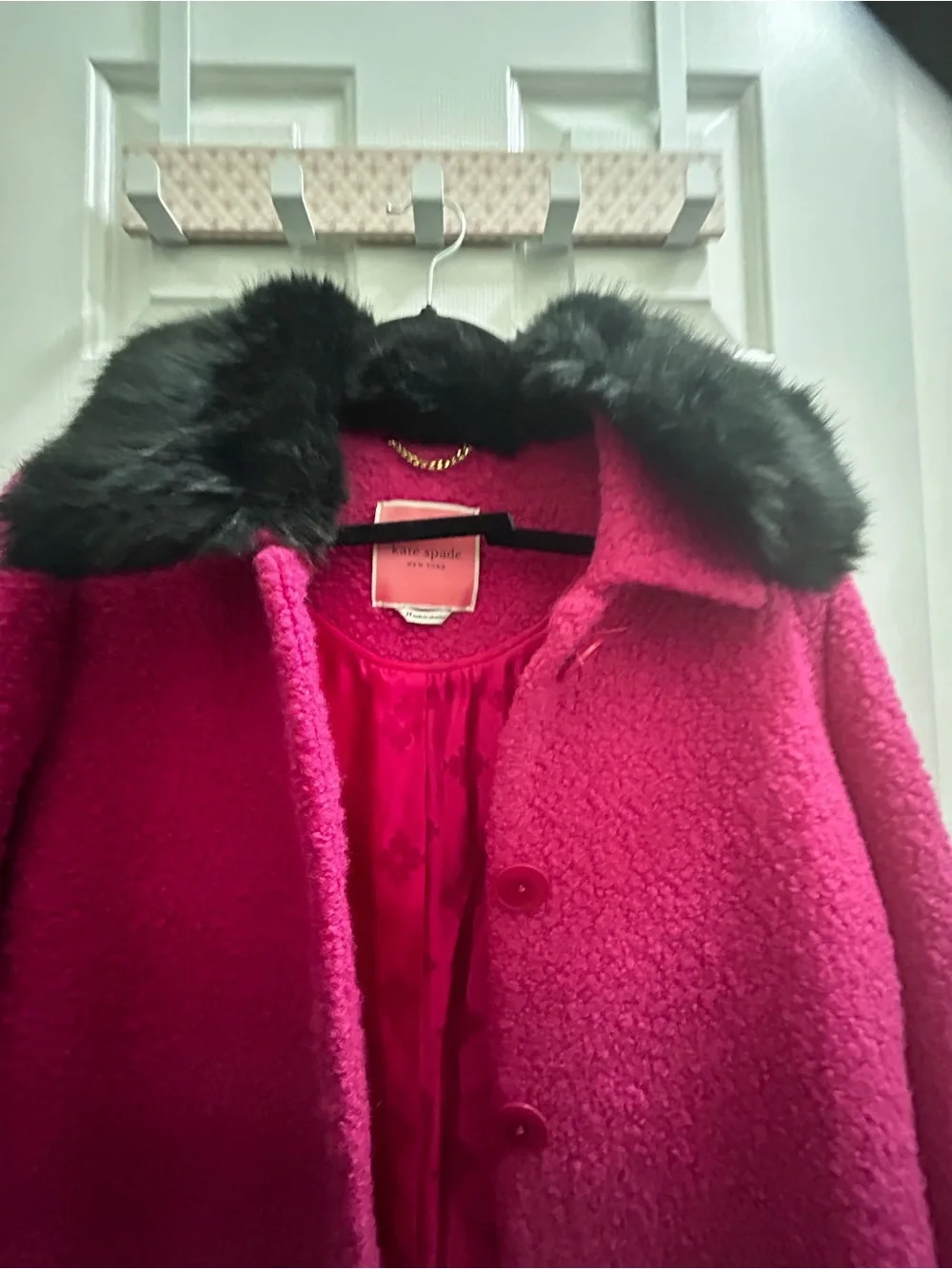 kate spade Hot Pink Pea Coat with Black Faux Fur Collar